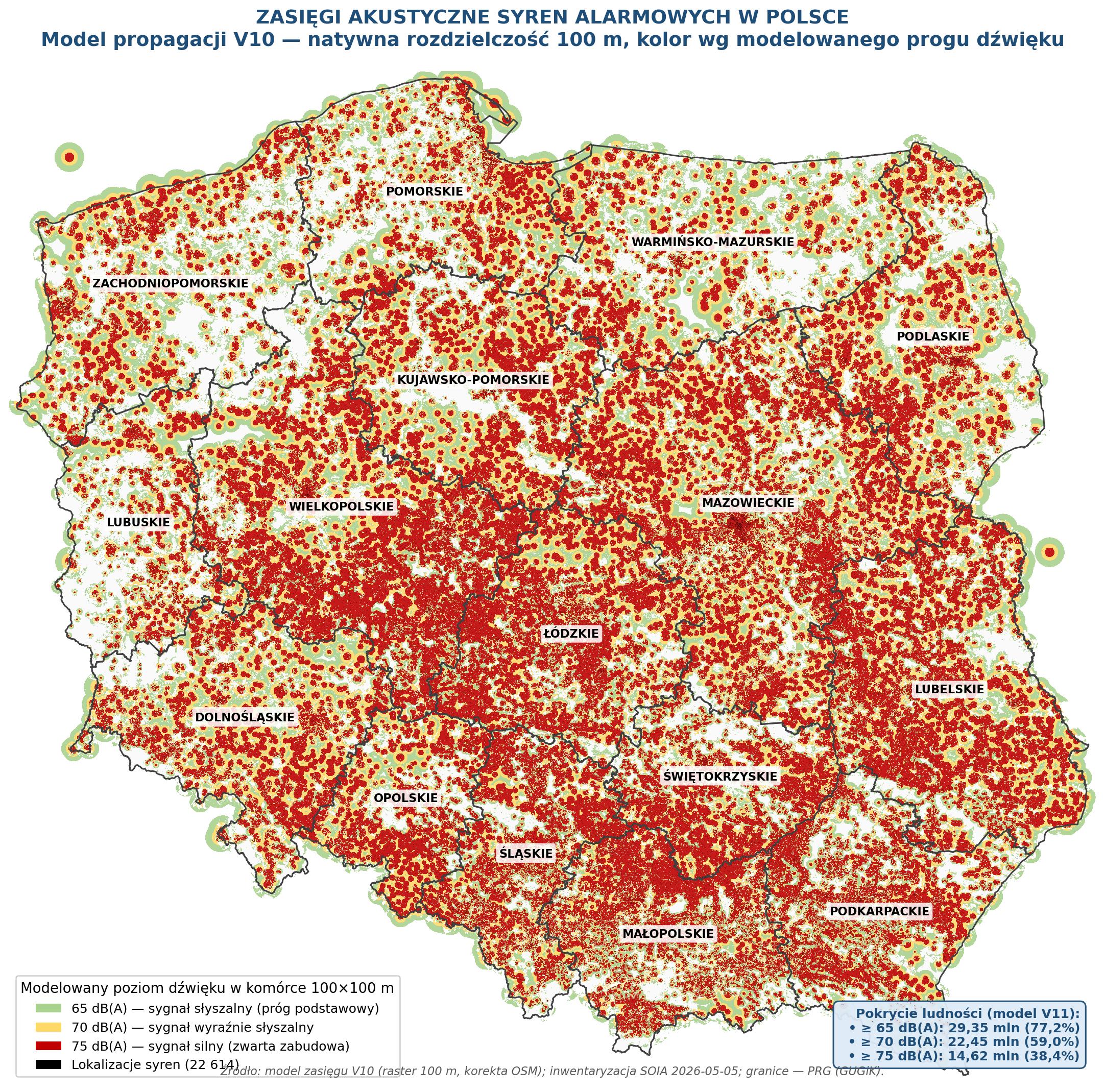 Zasięgi akustyczne syren alarmowych w Polsce według modelu V10