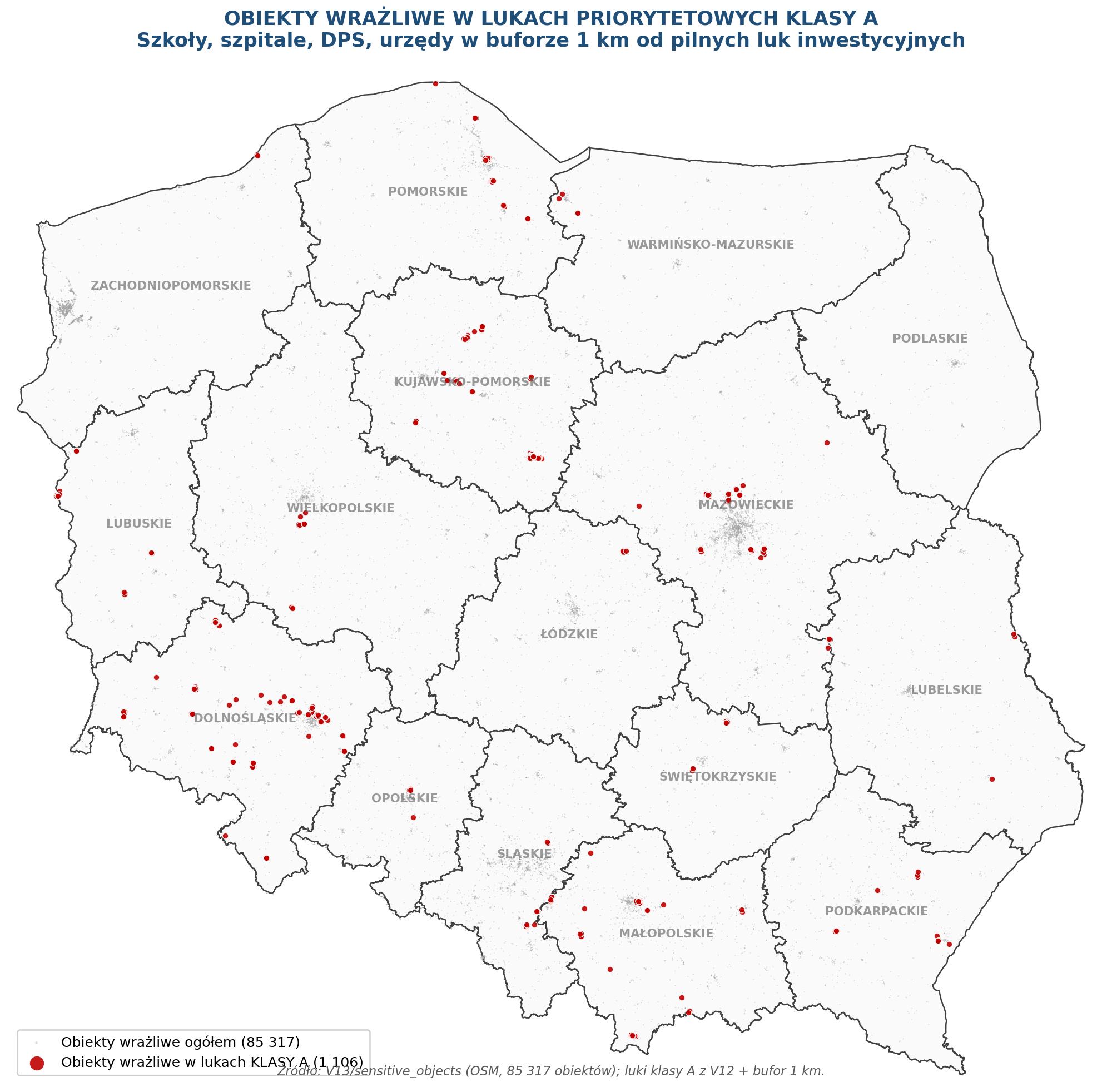 Mapa 10. Obiekty wrażliwe w lukach klasy A — szkoły, szpitale, DPS, urzędy w buforze 1 km od pilnych luk.