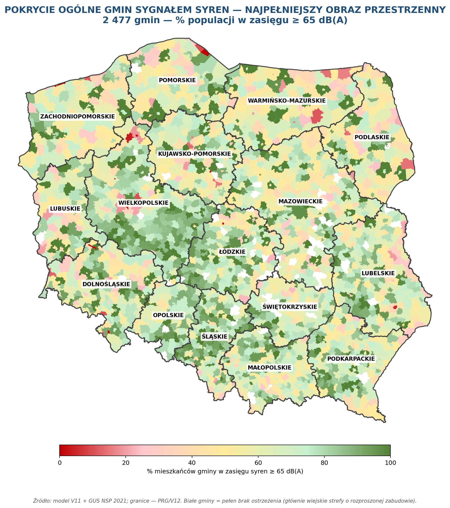 Mapa 4. Choropleth 2 477 gmin — % mieszkańców w zasięgu syren. Najpełniejszy obraz przestrzenny dystrybucji problemu.