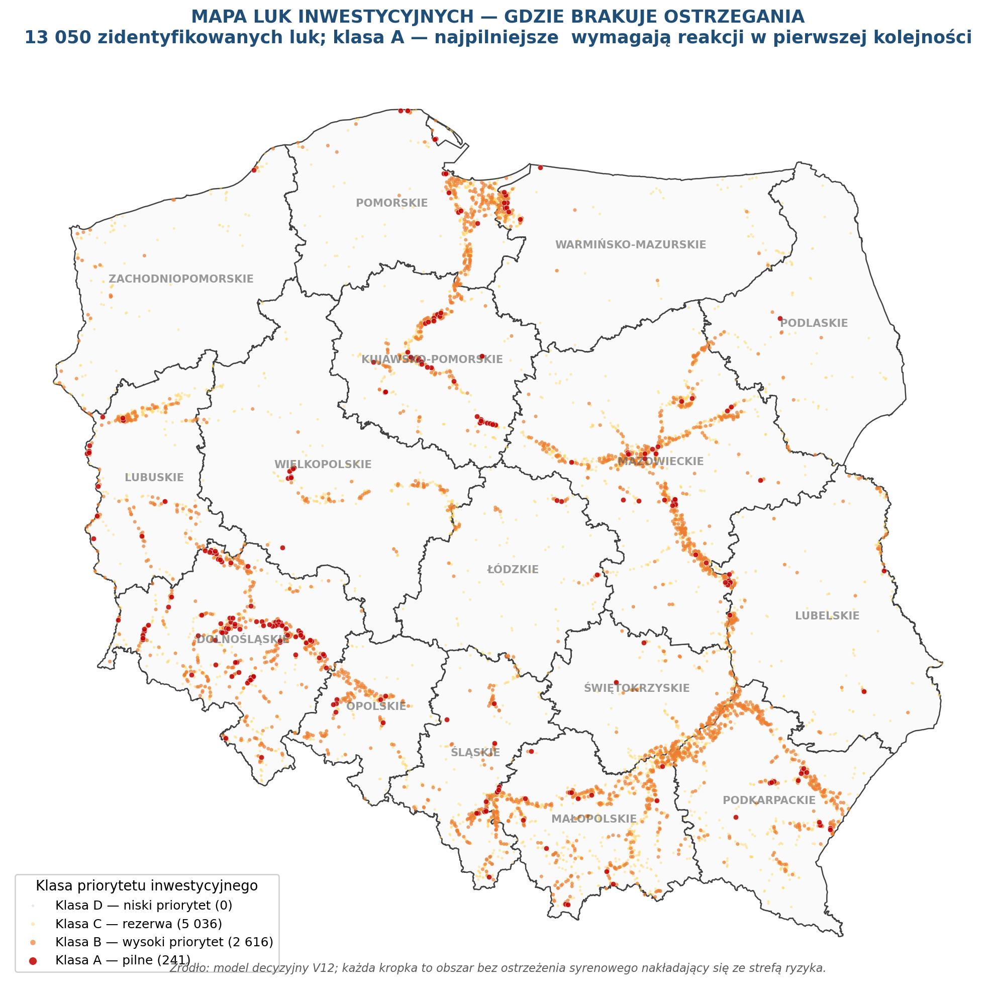 Mapa 5. Wszystkie 13 050 luk inwestycyjnych w Polsce — kolorowanie wg klasy priorytetu. Klasa A (czerwone) = pilne; klasy B/C/D = niższe priorytety.
