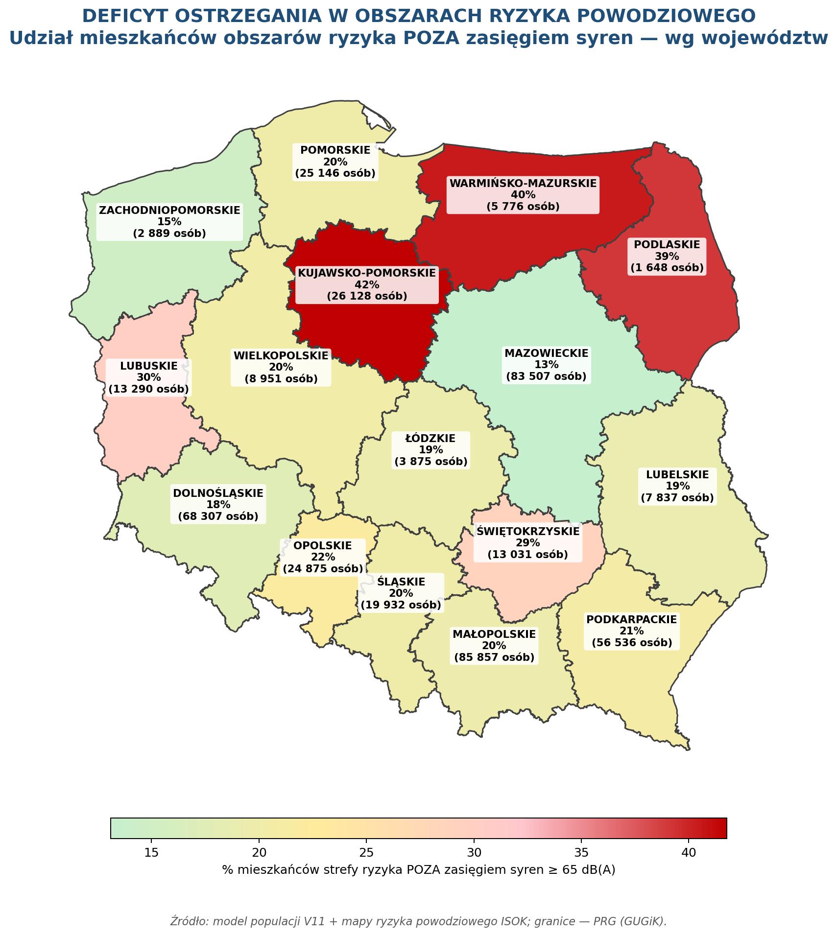 Mapa 6. Deficyt ostrzegania w strefach ryzyka powodziowego — % mieszkańców strefy ryzyka POZA zasięgiem ≥ 65 dB(A) wg województw.